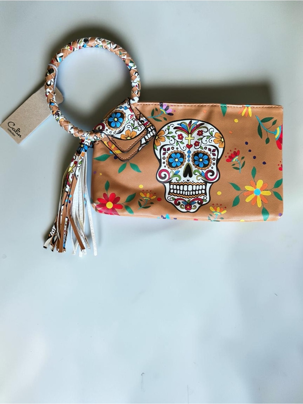 Sugar Skull Floral Peach Wristlet Clutch with Braided Tassel Strap NWT
